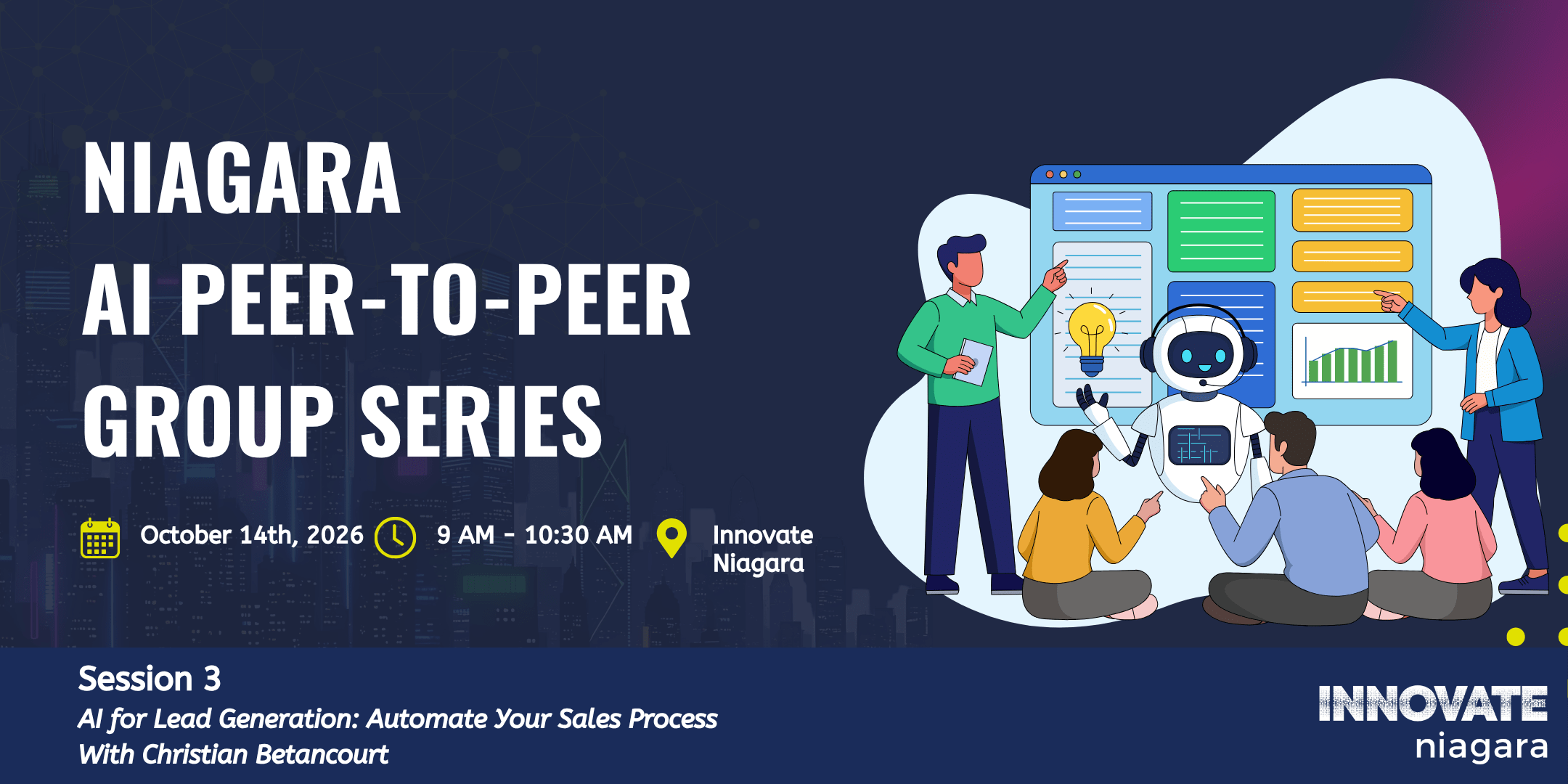 Promotional graphic for the "Investment 101 Series" on capital raising, featuring a handshake and golden coins on a table. Information includes the event date (July 29, 2026), time (12 - 1 PM), location (Innovate Niagara), and speaker (Alexander Morsink).