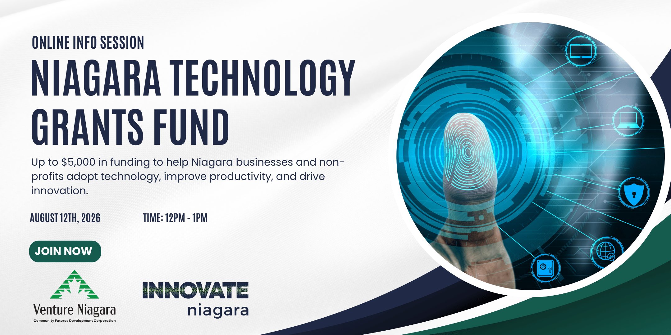 Promotional graphic for the "Investment 101 Series" on capital raising, featuring a handshake and golden coins on a table. Information includes the event date (July 29, 2026), time (12 - 1 PM), location (Innovate Niagara), and speaker (Alexander Morsink).