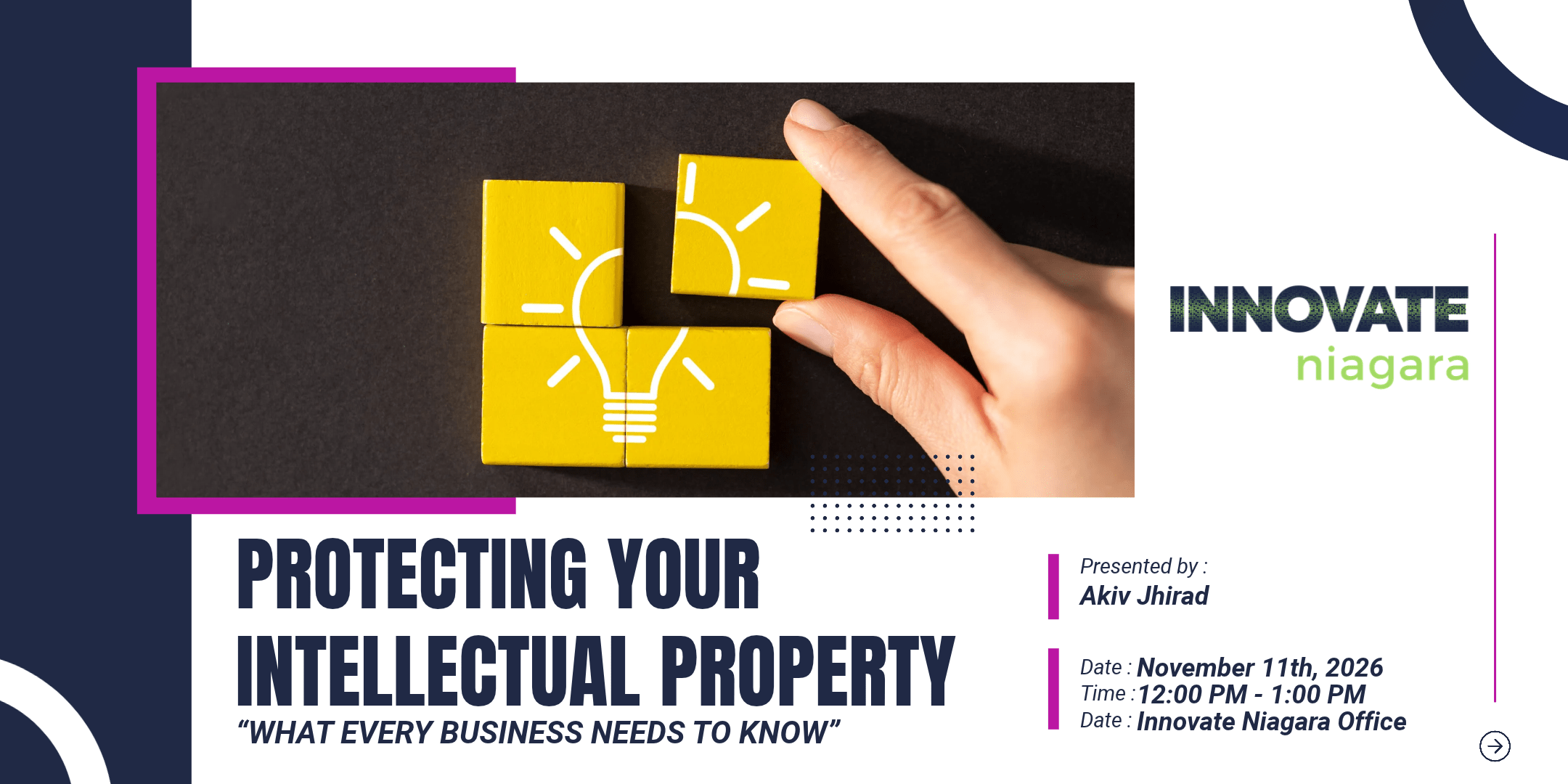 Promotional graphic for the "Investment 101 Series" on capital raising, featuring a handshake and golden coins on a table. Information includes the event date (July 29, 2026), time (12 - 1 PM), location (Innovate Niagara), and speaker (Alexander Morsink).