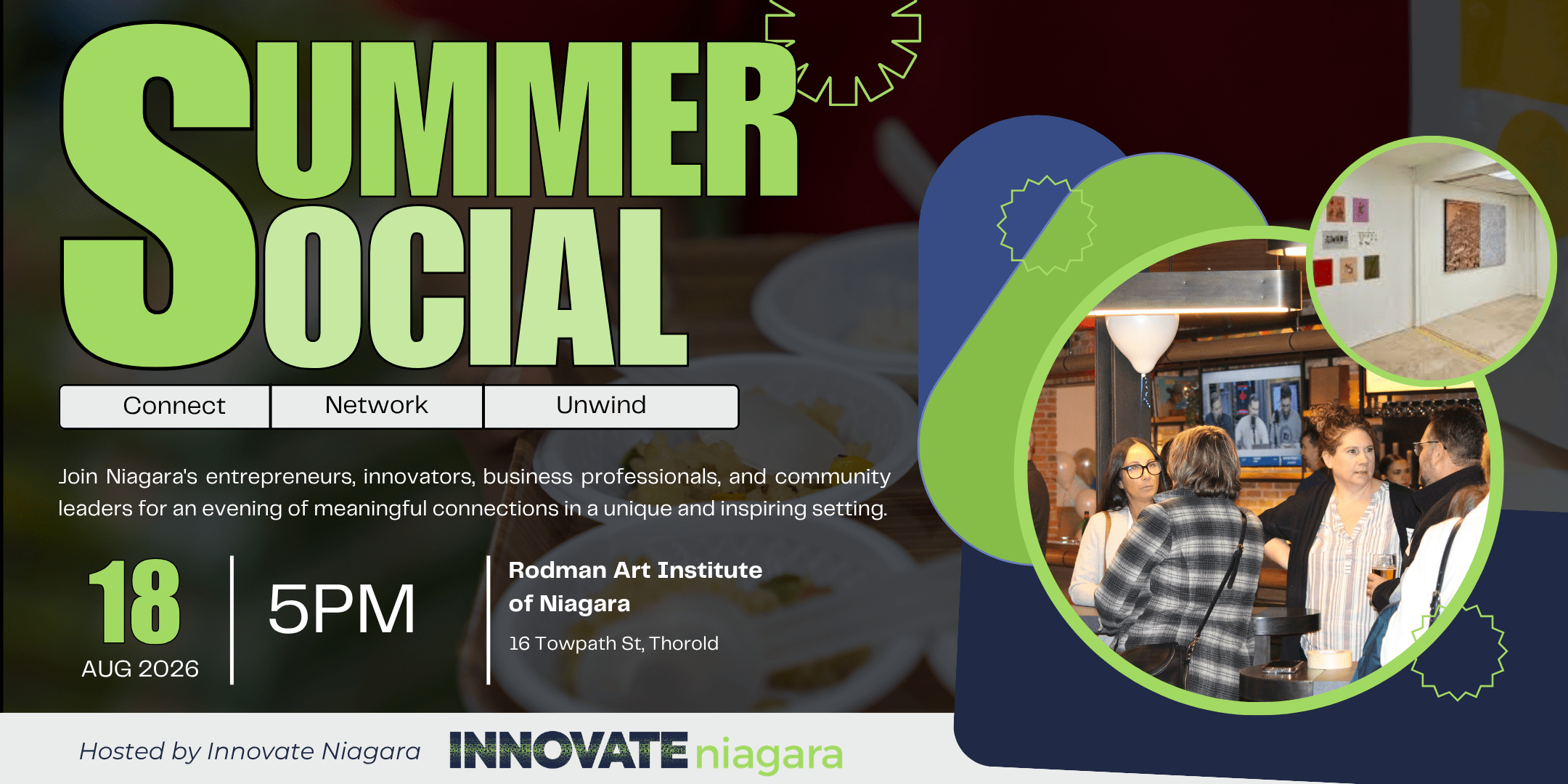 Promotional graphic for the "Investment 101 Series" on capital raising, featuring a handshake and golden coins on a table. Information includes the event date (July 29, 2026), time (12 - 1 PM), location (Innovate Niagara), and speaker (Alexander Morsink).