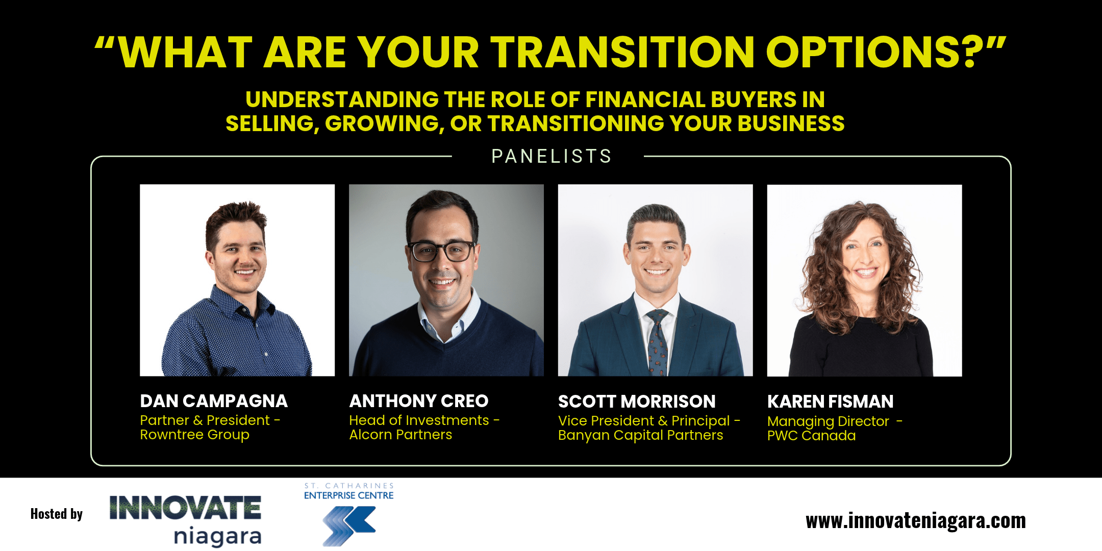Promotional graphic for the "Investment 101 Series" on capital raising, featuring a handshake and golden coins on a table. Information includes the event date (July 29, 2026), time (12 - 1 PM), location (Innovate Niagara), and speaker (Alexander Morsink).